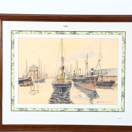 1805 - John H Francis, watercolour, boats at harbour, 54cm x 66cm overall, framed