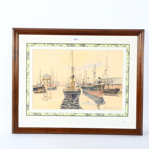 1805 - John H Francis, watercolour, boats at harbour, 54cm x 66cm overall, framed