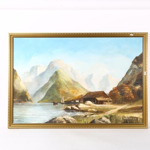 1807 - Terry Harrison, oil on canvas, panoramic mountain landscape, 66cm x 97cm overall, framed