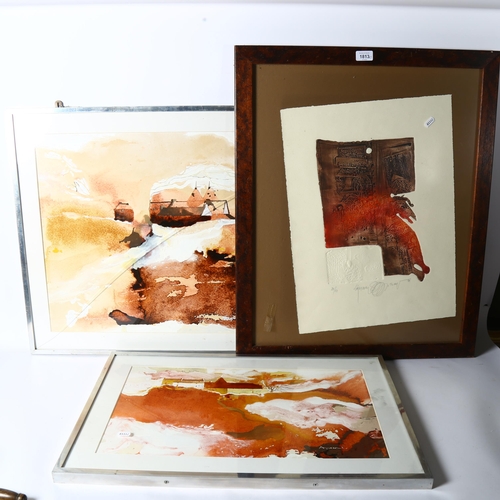 1813 - Jenneret, pair of watercolours, pair of abstract mixed medias, unsigned, and another (5)