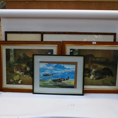 1814 - Pair of metal-framed coloured cat prints, 2 limited edition horse racing prints, and another (5)