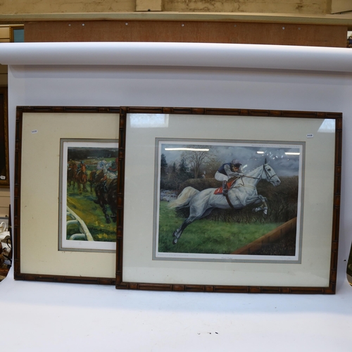 1814 - Pair of metal-framed coloured cat prints, 2 limited edition horse racing prints, and another (5)