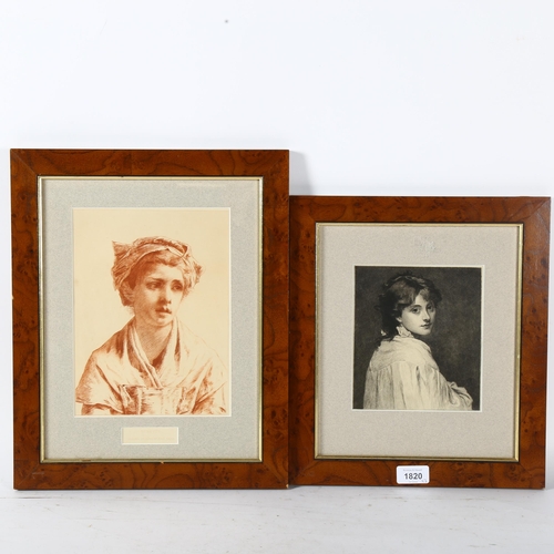 1820 - 2 x 19th century sepia and monochrome engravings, portraits of young girls, framed (2)