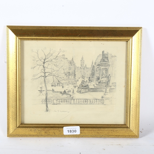 1830 - Manner of L S Lowry, pencil drawing, Trafalgar Square London, image 15cm x 20cm, framed