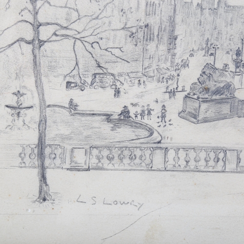 1830 - Manner of L S Lowry, pencil drawing, Trafalgar Square London, image 15cm x 20cm, framed