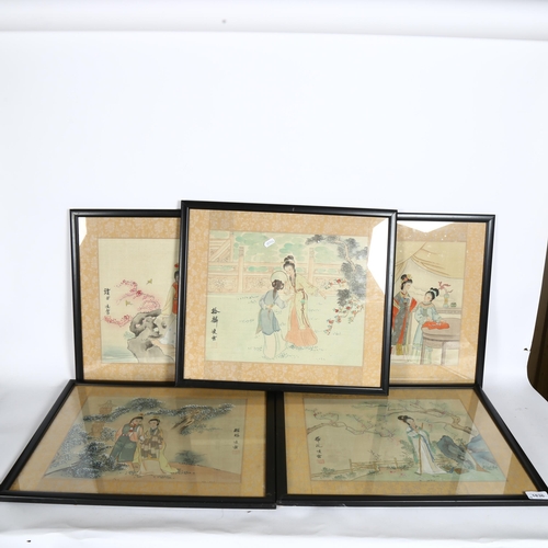 1836 - A set of 5 Chinese watercolours on linen panels, figure studies, all signed, 43cm x 50cm, framed