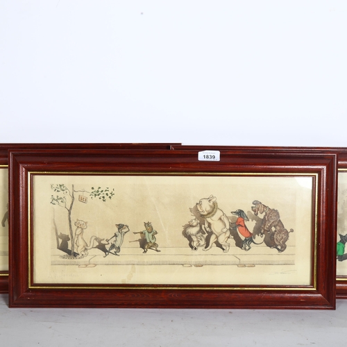 1839 - Boris O'Klein, a set of 3 Antique etchings, French dog caricatures, 29cm x 59cm overall, framed