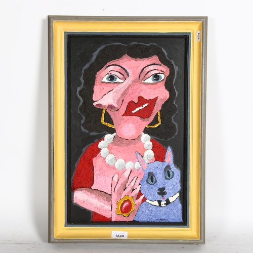 1840 - Carol Maddison, impasto oil on board, abstract study, lady and her cat, 54cm x 38cm overall, framed