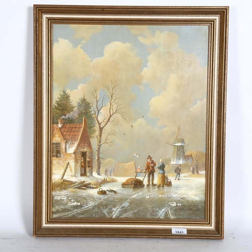 1841 - Raymond Campbell, oil on board, winter scene Holland, signed, 50cm x 40cm, framed