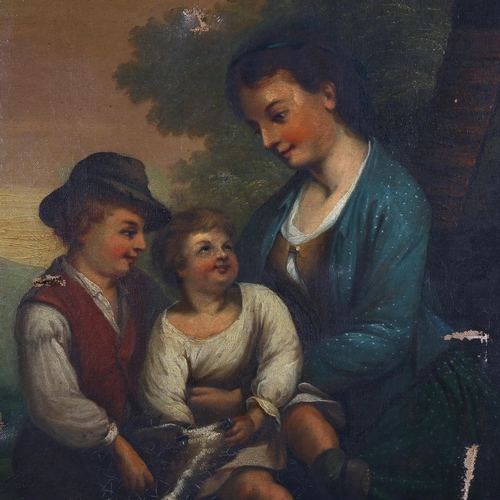 1847 - 19th century oil on canvas, woman and children with a dog, unsigned, 92cm x 71cm, unframed (A/F)