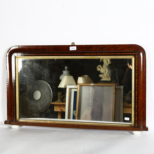 1851 - A 19th century walnut and chequered-banded over mantel mirror, on white ceramic bun feet, W84cm, H50... 