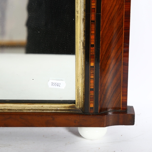 1851 - A 19th century walnut and chequered-banded over mantel mirror, on white ceramic bun feet, W84cm, H50... 