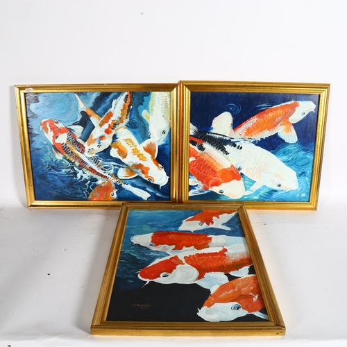 1854 - Clive Fredriksson, 3 small oils on board, Koi carp, all framed, 50cm x 40cm