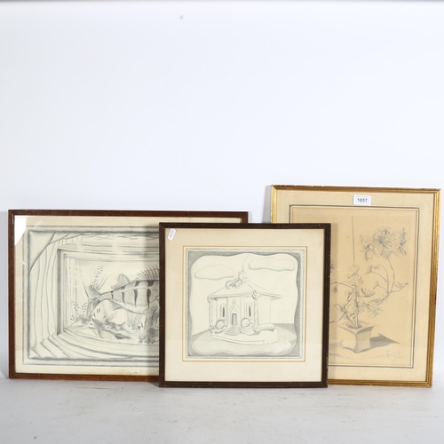 1857 - 3 mid-century charcoal drawings, all indistinctly signed, framed