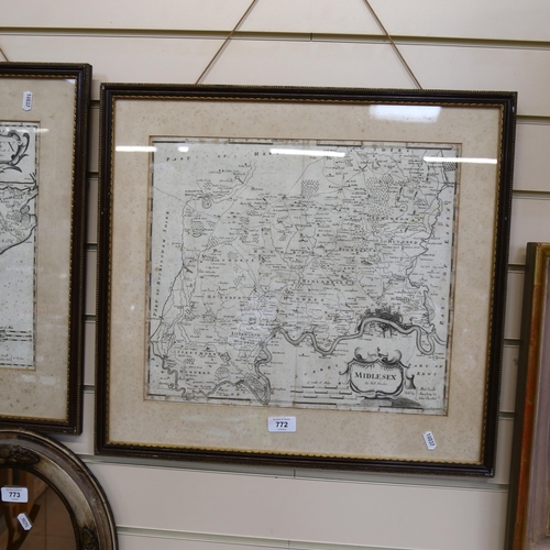 1861 - 2 Antique Robert Morden maps - Essex and Middlesex, framed, height 50cm overall