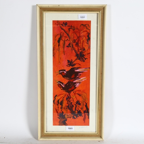 1865 - Mixed media on board, exotic birds, indistinctly signed, 49cm x 17cm, framed