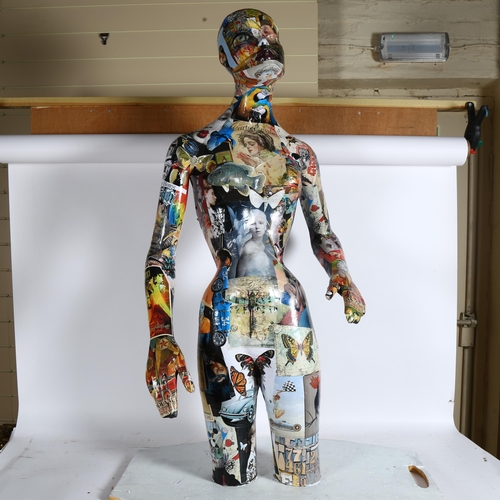 1866 - A decoupage decorated abstract 3/4 size mannequin, on board stand, figure height 115cm