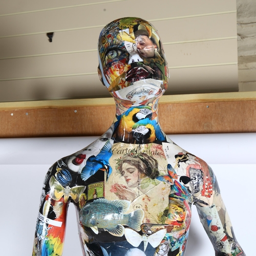 1866 - A decoupage decorated abstract 3/4 size mannequin, on board stand, figure height 115cm