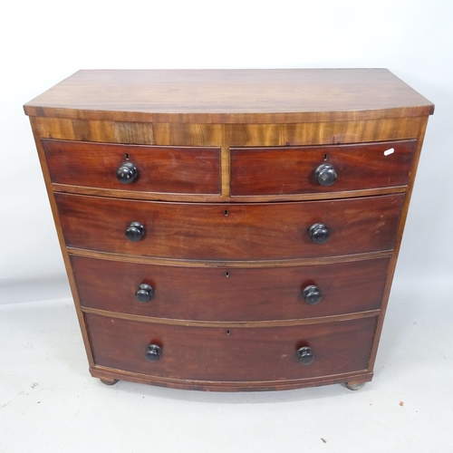 2196 - A Victorian mahogany bow-front chest of 2 short and 3 long drawers, on bun feet, 106cm x 97cm x 55cm