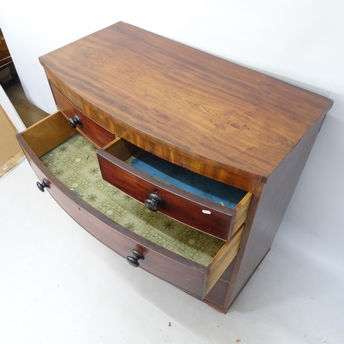 2196 - A Victorian mahogany bow-front chest of 2 short and 3 long drawers, on bun feet, 106cm x 97cm x 55cm