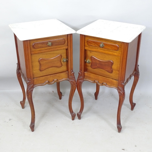 2201 - A pair of French marble-top single-drawer bedside pot cupboards, on cabriole legs, 42cm x 82cm x 43c... 