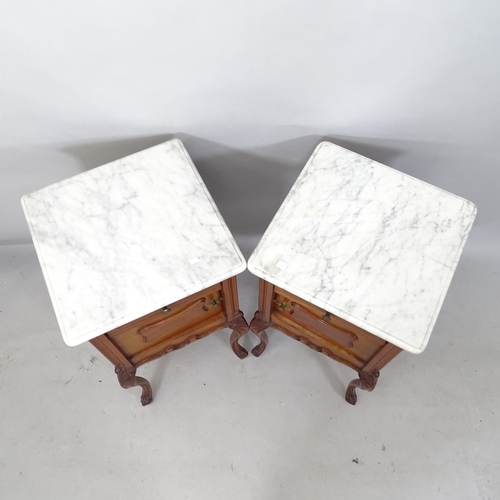 2201 - A pair of French marble-top single-drawer bedside pot cupboards, on cabriole legs, 42cm x 82cm x 43c... 