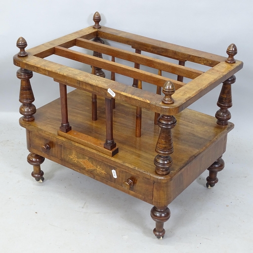 2203 - A Victorian walnut Canterbury, with single fitted drawer and inlaid decoration, 56cm x 50cm x 42cm