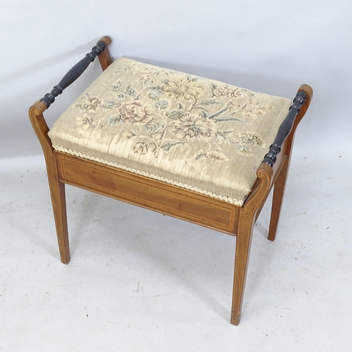 2205 - An Edwardian walnut and satinwood-strung piano stool, with upholstered lifting top, 58cm x 54cm x 37... 