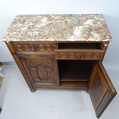 2210 - An Ipswich oak design 2-door cupboard, with marble top and 2 frieze drawers, 111cm x 118cm x 52cm