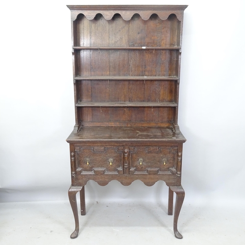 2225 - A 1920s oak 2-section dresser, 91cm x 182cm x 42cm