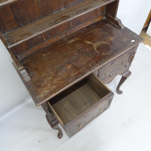 2225 - A 1920s oak 2-section dresser, 91cm x 182cm x 42cm