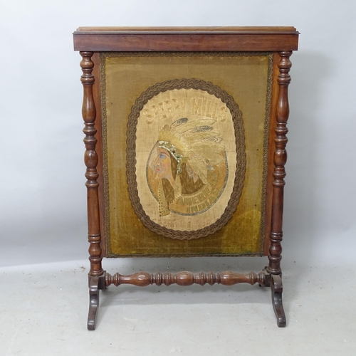 2238 - An Antique mahogany fire screen with an embroidered advertising panel for Sperry Mills Flour, 72cm x... 