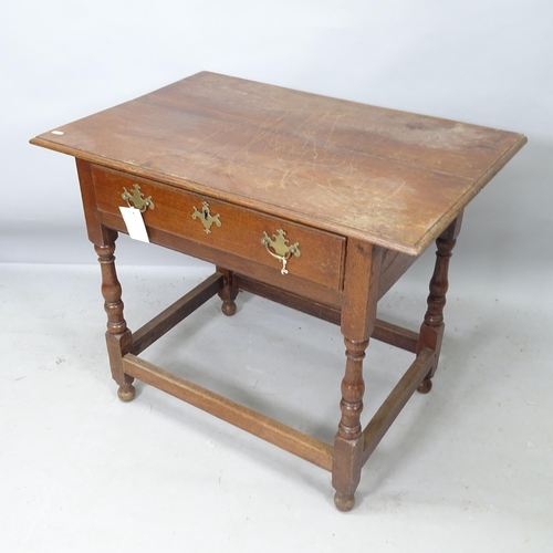 2244 - An early 20th century oak side table, with single frieze drawer and all-round stretcher, 88cm x 72cm... 