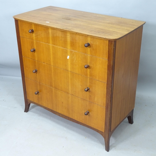 2254 - A mid-century teak chest of 4 long drawers, with label for Vesper Furniture, 95cm x 90cm x 48cm