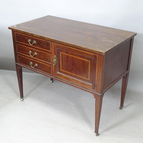 2255 - An Edwardian mahogany and satinwood inlaid cabinet, with stained pine top, 3 fitted drawers and sing... 