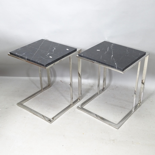 2256 - A pair of contemporary black square-topped marble-top bedside tables, on chromed base, 45cm x 57cm