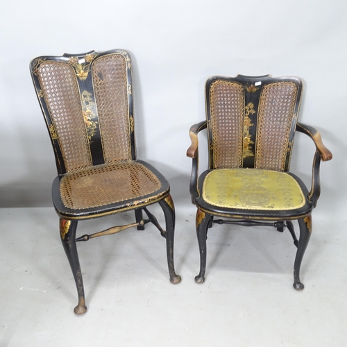 2257 - An Oriental black lacquered and chinoiserie decorated cane-panelled chair, and a similar armchair (2... 