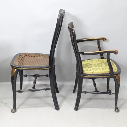 2257 - An Oriental black lacquered and chinoiserie decorated cane-panelled chair, and a similar armchair (2... 