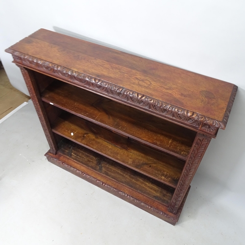 2258 - A Victorian carved oak open bookcase, with 2 adjustable shelves, 123cm x 113cm x 30cm