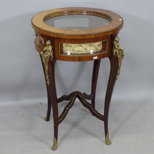 2266 - A mahogany-framed bijouterie table, with brass figural mounts, 58cm x 83cm (with key)