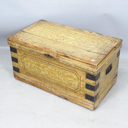 2277 - An Antique stained pine and metal-bound trunk, 75cm x 38cm x 44cm