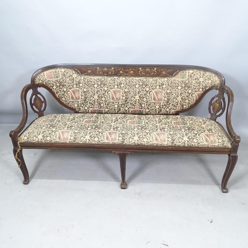 2284 - An Edwardian mahogany and satinwood-strung tapestry-upholstered settee, with inlaid foliate decorati... 