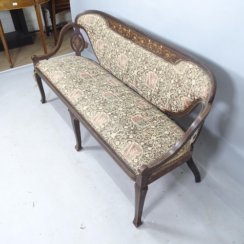 2284 - An Edwardian mahogany and satinwood-strung tapestry-upholstered settee, with inlaid foliate decorati... 