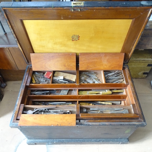 2288 - A 19th century stained pine tool chest, possibly By W Spreadborough, with mahogany fitted interior, ... 