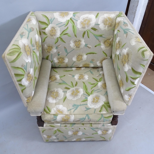 2291 - An Antique oak-framed Knoll style chair, 78cm x 108cm x 62cm, recently re-upholstered