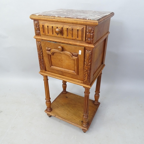 2297 - A French 19th century walnut and marble-topped pot cupboard, with single fitted drawer, 40cm x 84cm ... 