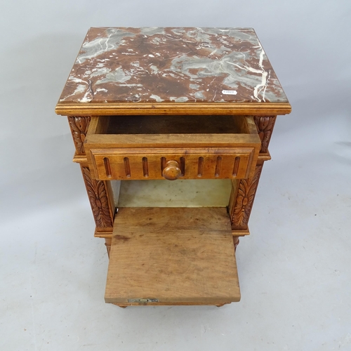 2297 - A French 19th century walnut and marble-topped pot cupboard, with single fitted drawer, 40cm x 84cm ... 