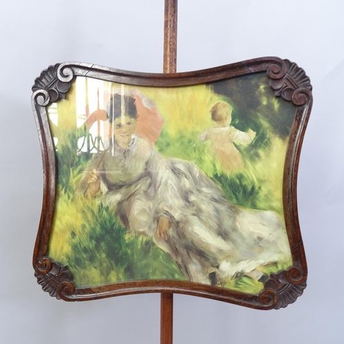 2300 - Antique mahogany pole screen with painted panel, H140cm