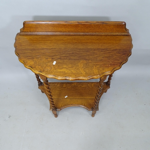 2304 - A 1930s oak 2-tier console table, with raised back and barley twist columns, 78cm x 84cm x 38cm