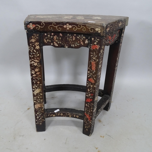 2306 - A Chinese lacquered and painted elm stool, with inlaid floral decoration, 46cm x 51cm x 33cm